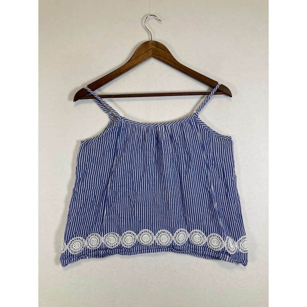 Nautical J.Crew Camisole Women XS Blue White Striped Linen Blend Crochet Trim